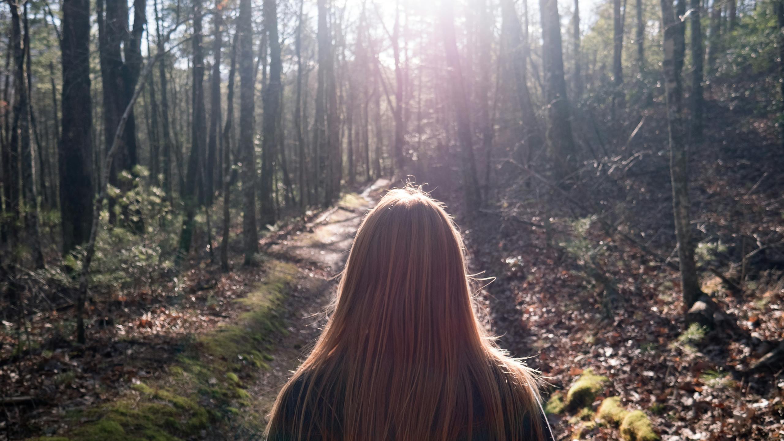 A woman walks through a sunlit forest trail in Townsend, TN, capturing the beauty of nature.