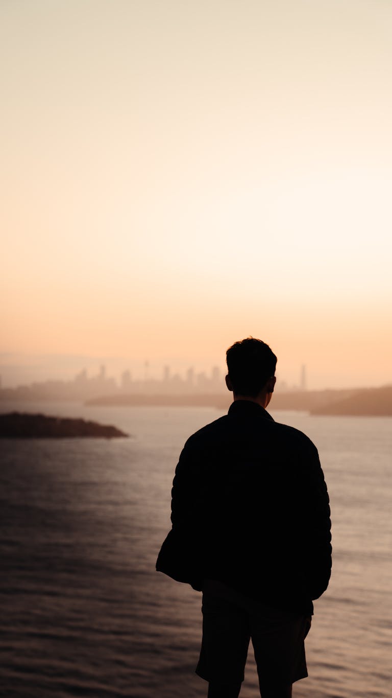 A silhouette of a person standing by the water gazing at a city skyline during sunset.